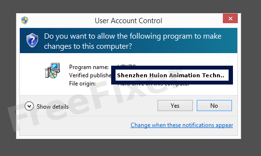 Screenshot where Shenzhen Huion Animation Technology Co.,TLD appears as the verified publisher in the UAC dialog